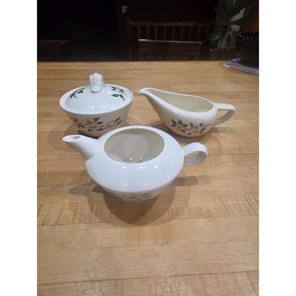 Vintage Homer Laughlin Debutante Dogwood 3-Pc Tea Set Teapot Sugar Bowl Creamer